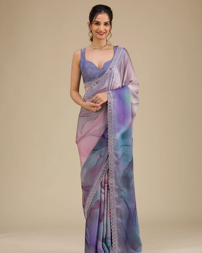 grey printed saree in satin