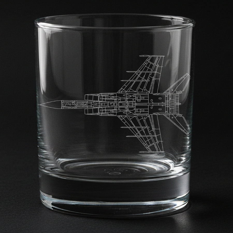 A glass from retriever Glasses with a mig-25 fighter plane engraved