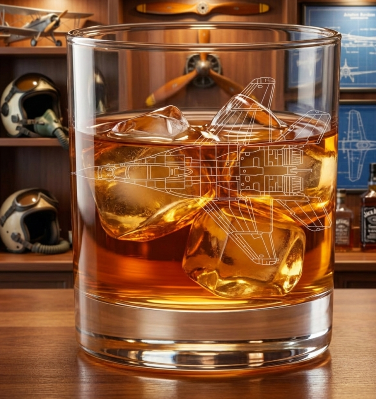 A glass engraved with a fighter plane