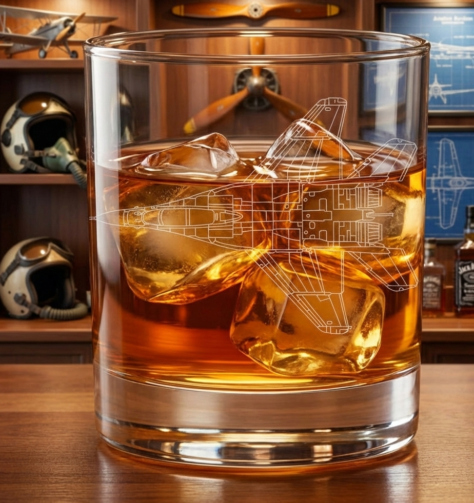 A glass engraved with a fighter plane